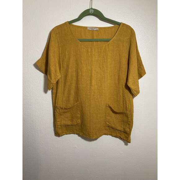 Francesca Bettini 100% Linen Short Sleeve Top in Goldenrod Pockets Size Medium - Picture 1 of 5